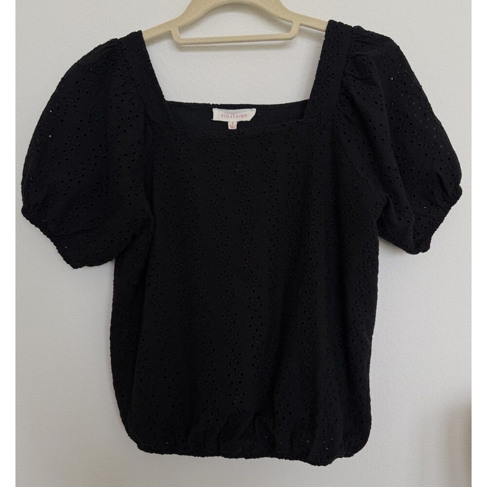 Solitaire Women’s Black Eyelet Lace Top Puff Sleeve Black Bohemian Sz Small